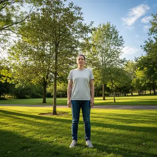 A person standing in a neutral pose in a park, full body vis