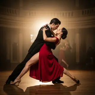 Two tango dancers in a close embrace, the man dipping the wo