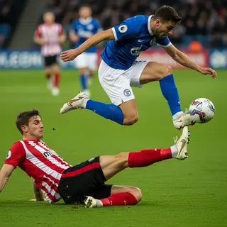 Two soccer players mid-tackle, one sliding and the other jum