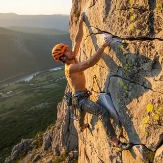 A rock climber clinging to a cliff face with arms and legs e