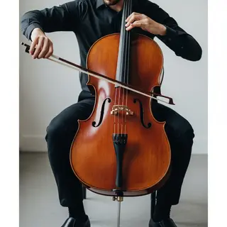 A cellist seated with correct posture, legs around the instr