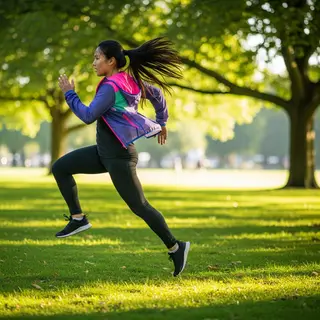 A woman mid-stride running through a park, hair and clothes 