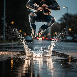 A man captured mid-jump over a puddle, body in the air with 