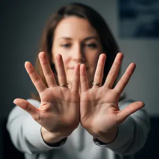 A woman holding her hands out in front of her palms-up, all 