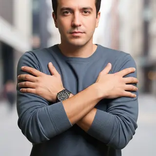 A man with arms crossed, both hands resting on opposite uppe