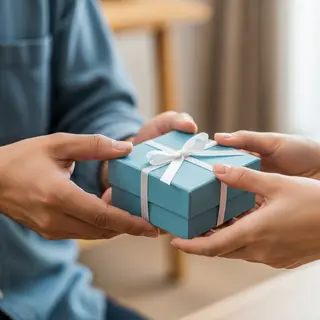One person handing a small gift box to another person, both 