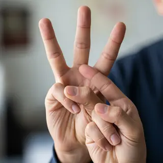 A person counting to three on their fingers, with index, mid
