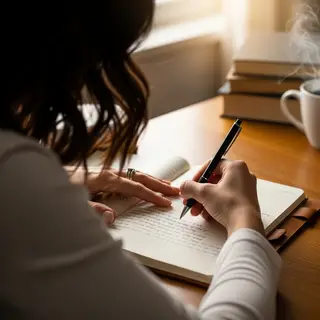 A woman writing in a notebook with a pen gripped correctly i