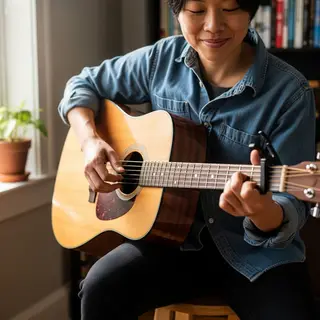 A person playing an acoustic guitar with left hand on the fr