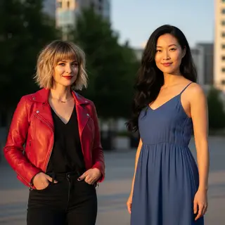 Two women standing side by side: one with short blonde hair 