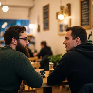 Two men at a cafe: one with a beard and glasses wearing a gr