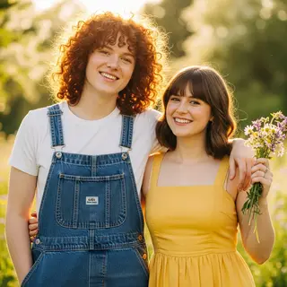 Two friends posing: one tall with curly red hair in denim ov