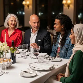 Four people at a dinner table: a bald man in a suit, a woman