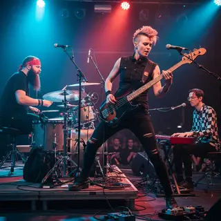 Three musicians on stage: a tall woman with short pink hair 