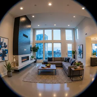 A wide-angle shot of a modern living room interior showing e