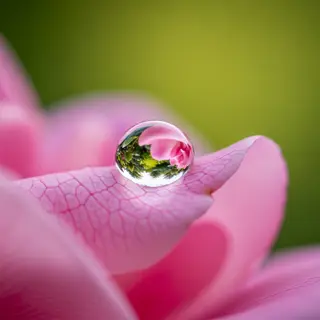 A close-up macro shot of a single dewdrop on a rose petal, s