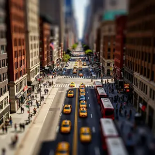 A tilt-shift photograph of a city street making real-life lo