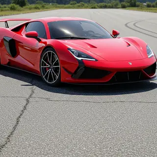 A bright red sports car parked on a gray asphalt road — the 