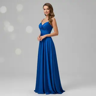 A woman wearing a royal blue evening dress against a neutral
