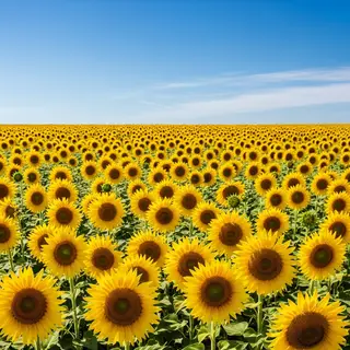 A field of pure sunflower yellow flowers under a clear blue 