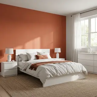 A bedroom wall painted in #FF6B35 (burnt orange) with white 