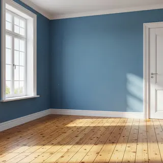A room with walls in #4A90D9 (medium blue) with warm wooden 