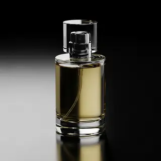 A clear glass perfume bottle on a reflective black surface w
