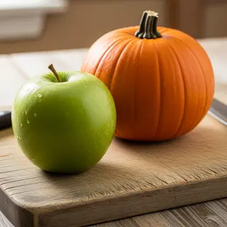 A green apple and an orange pumpkin on a wooden cutting boar