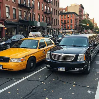 A yellow taxi and a black limousine parked next to each othe