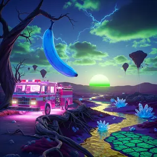 A pink fire truck, a blue banana, and a green sun in a surre