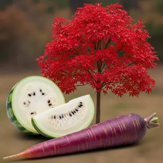 A purple carrot, a red tree with red leaves, and a white wat