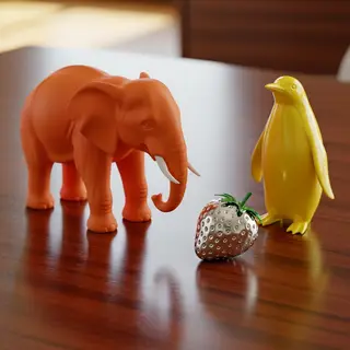 An orange elephant, a yellow penguin, and a silver strawberr