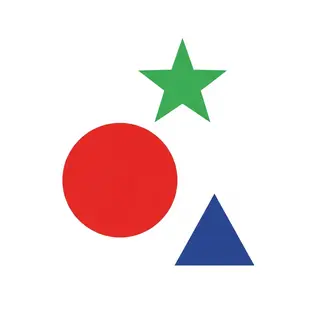 A large red circle, a small blue triangle, and a medium gree