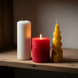 A tall thin white candle, a short fat red candle, and a medi