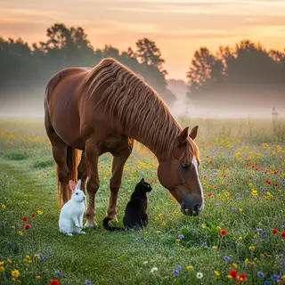 A big brown horse, a small white rabbit, and a medium-sized 
