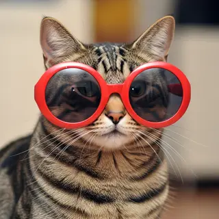 A tabby cat wearing oversized red sunglasses