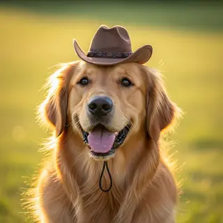 A golden retriever wearing a tiny cowboy hat