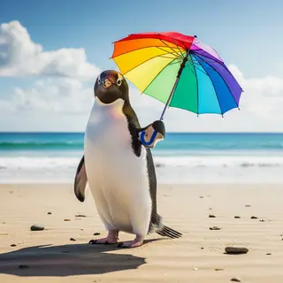 A penguin holding a colorful umbrella