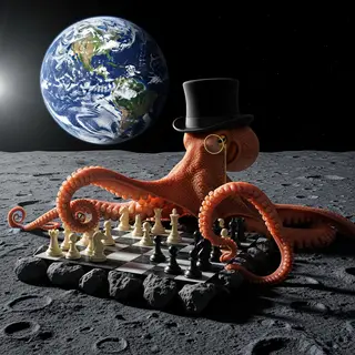 An octopus wearing a top hat and monocle playing chess on th