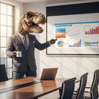 A dinosaur in a business suit giving a PowerPoint presentati