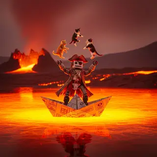 A robot dressed as a pirate sailing a paper boat on a lake o