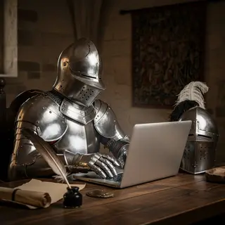 A medieval knight in full armor sitting at a desk typing on 