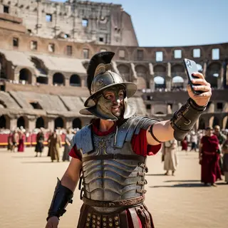 A Roman gladiator taking a selfie with a smartphone in the C