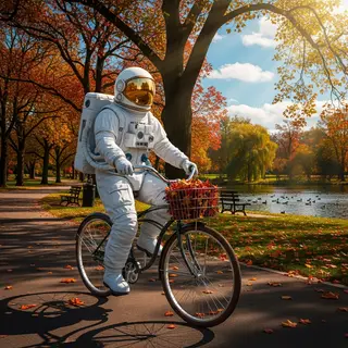 An astronaut in a spacesuit riding a bicycle through a park
