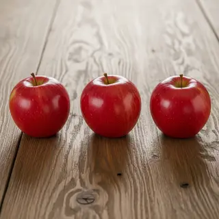 Exactly 3 red apples arranged on a wooden table
