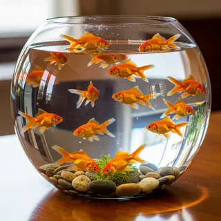 Exactly 9 goldfish swimming in a large round fishbowl