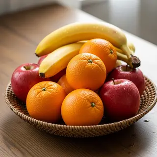 A fruit bowl containing exactly 3 bananas, 4 oranges, and 2 