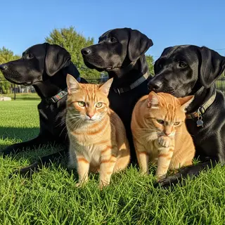 2 orange cats and 3 black dogs sitting together on a grassy 