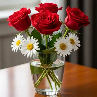 4 red roses and 2 white daisies in a glass vase on a table
