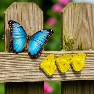 1 blue butterfly and 3 yellow butterflies resting on a garde